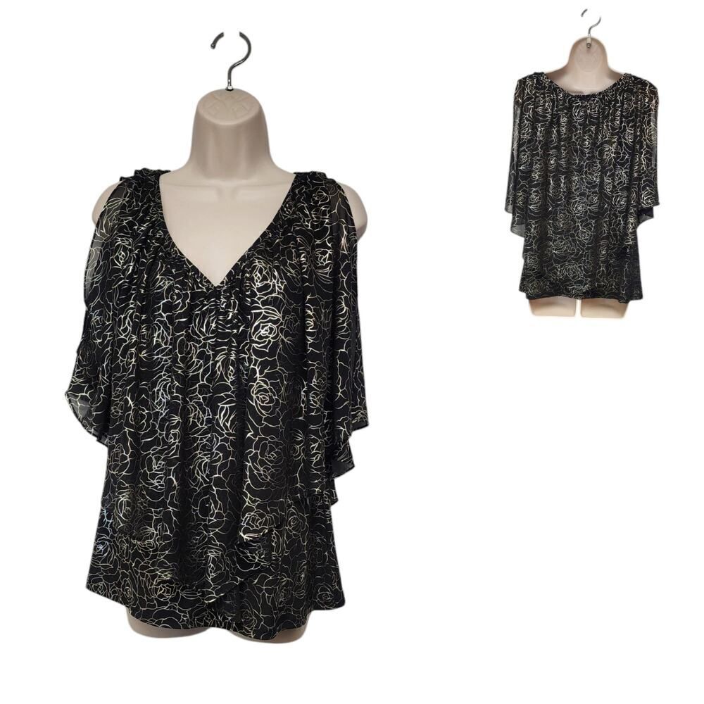 Coco Bianco Women’s Floral Print Top Flutter Sleeve Black/Silver Blouse Size M